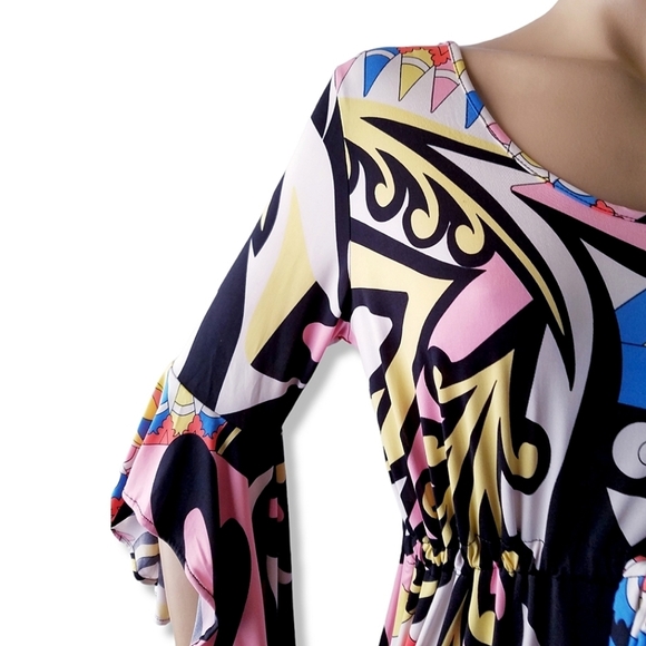 Black, Pink, Yellow & Blue Retro Mod Inspired Bell Sleeve Tie Waist Dress - Picture 2 of 8